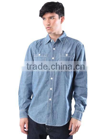 2016 new the cardiff twill military medium wash denim shirt with two chest pockets