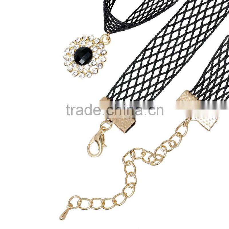 Gold Plated Black Mesh Round Pendant Clear Rhinestone Terylene Necklace