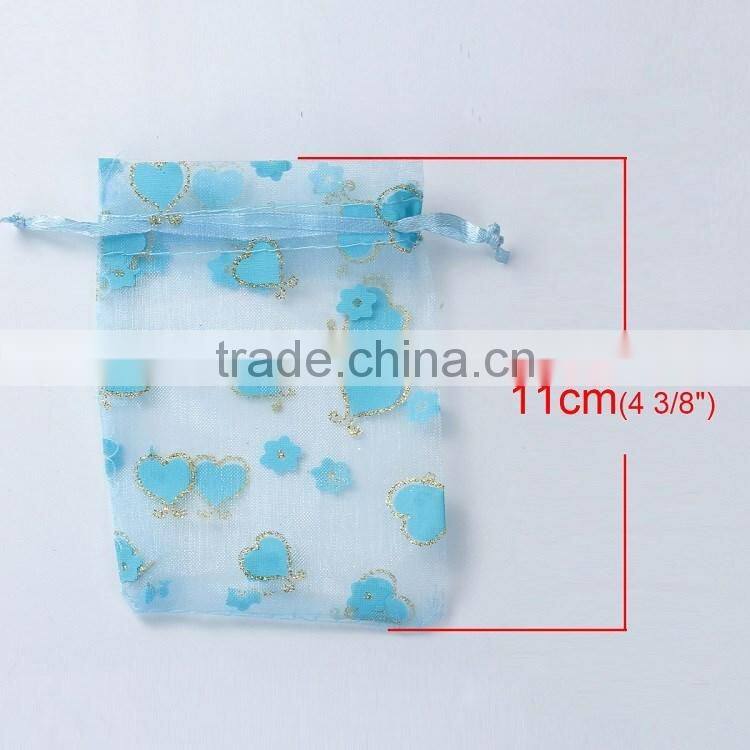 Drawstring Rectangle Blue Heart Pattern Organza Jewelry Bags