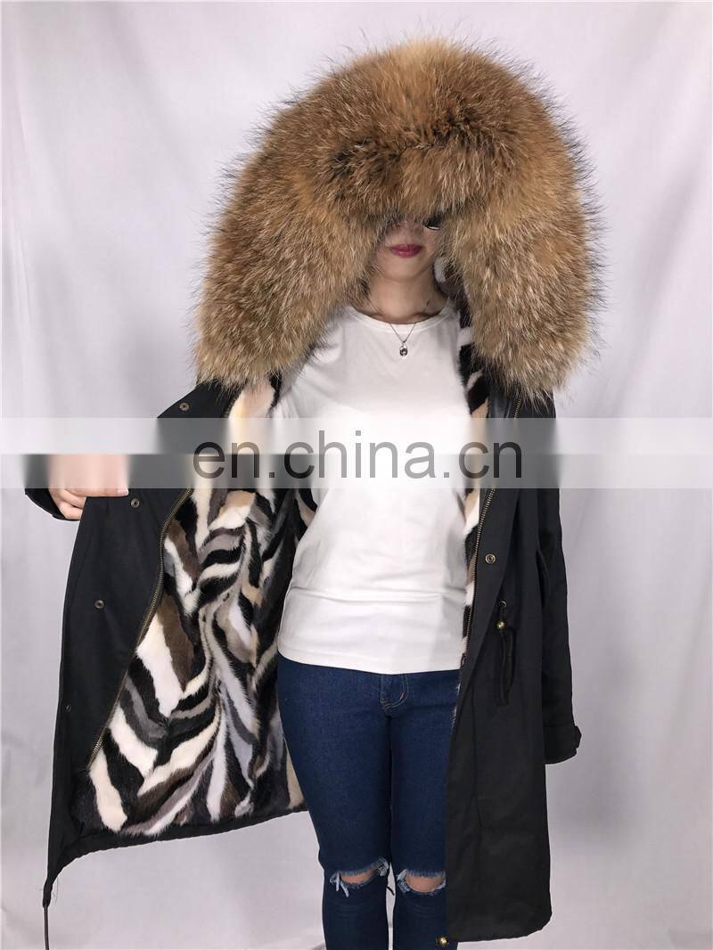 High Quality Short Military Woman Real Fur Parka Genuine Raccoon Fur Hood with Mink Fur Lining Coat