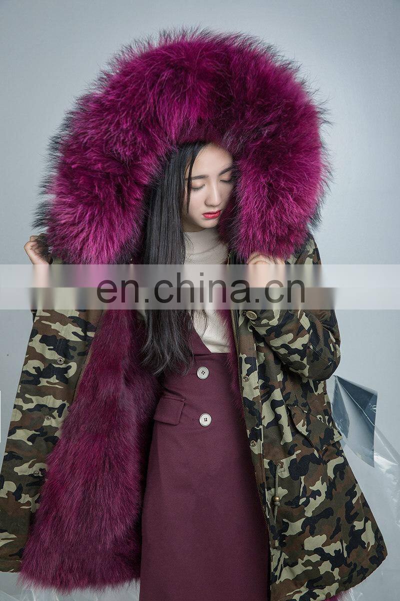 2016 Hot Sell Chinese Military Big Raccoon Fur Collar Parka Real Fox Fur Linling Camouflage Coat Women Winter Parka