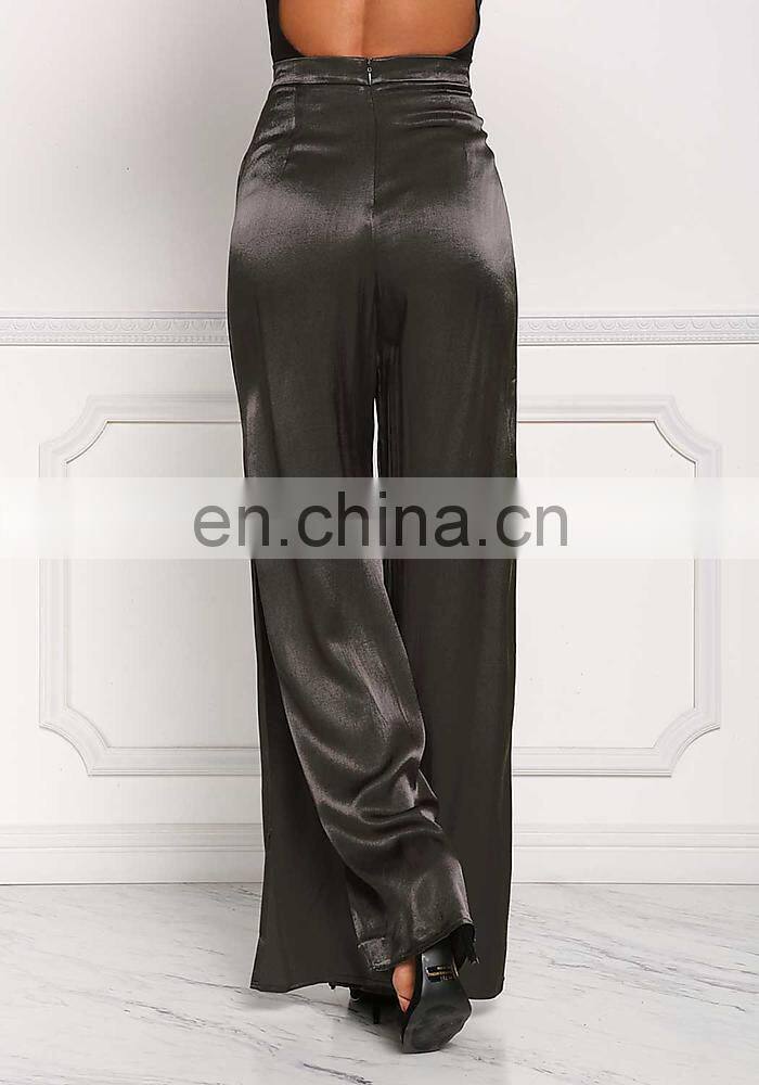 China Product Hot Sale Dark Olive Silky Side Slit Slacks women Long Maxi Pants