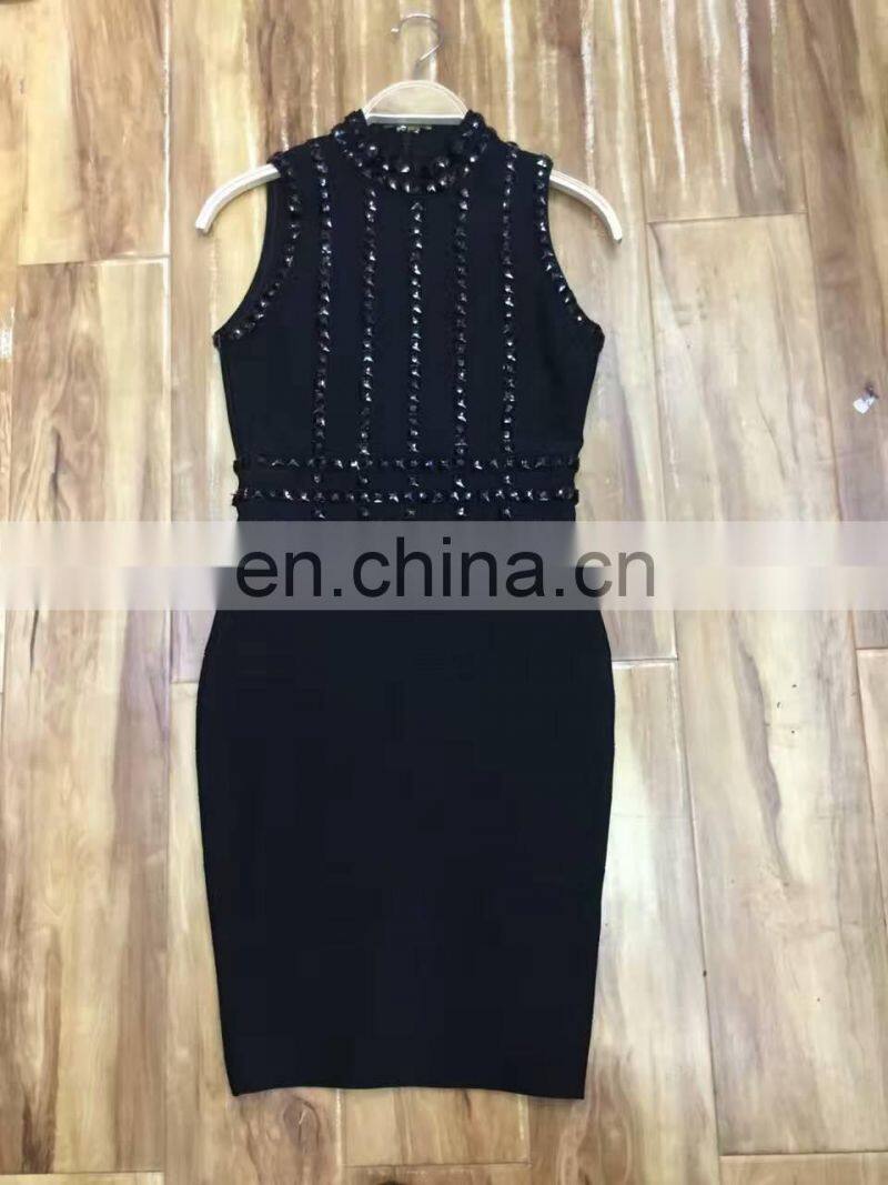 wholesale 2017 new High quality evening dresses Black sleeveless heavy handmade rivet beading bandage dress