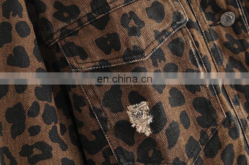 2020 New Design Women's Denim Jean Cropped Leopard Print Bomber Jacket