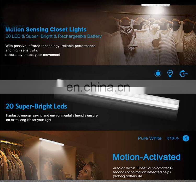 Motion Sensor Closet Lights, DIY Stick-on Anywhere Portable 20 LED Wireless Sensing Cabinet Light, Charging Stairs/Step/Night