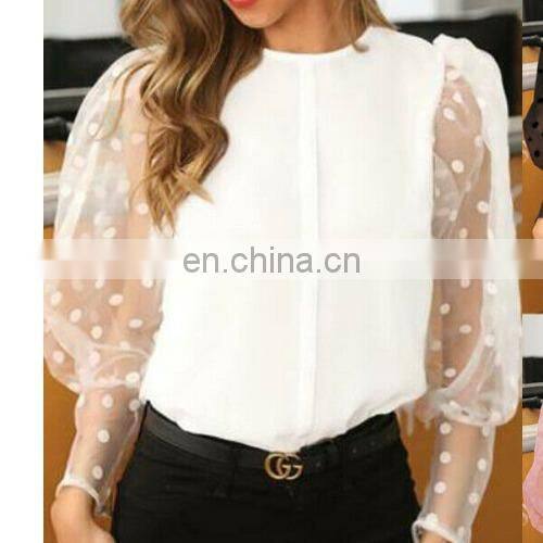 Wholesale top fashion clothes elegant lace wave point fashion lantern sleeve round neck blouses