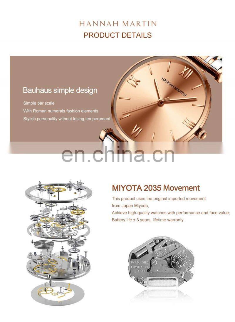 HANNAH MARTIN 1522 Womens Quartz Watch Luxury Bracelet Gold Waterproof Ladies Watch