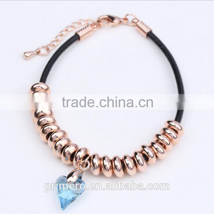Fashion Austrian Crystal Plated Bracelets Leather Rope Heart Love Beads Bangles Jewelry