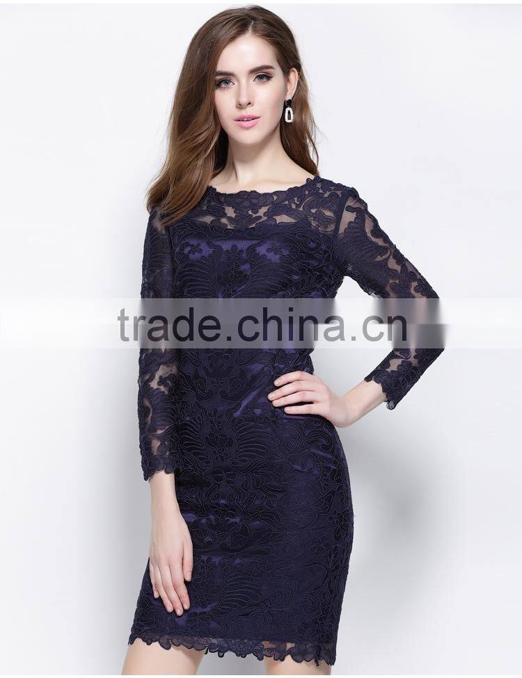 2016 Long Sleeve Design Short Purple Crochet Lace Dress