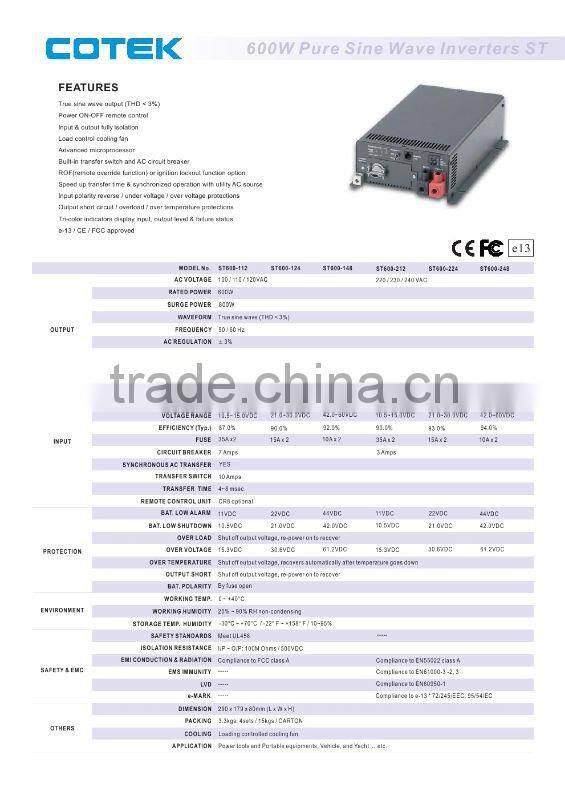 ST600-212 COTEK 600w pure sine wave inverters 12V/24V/48V CE FCC