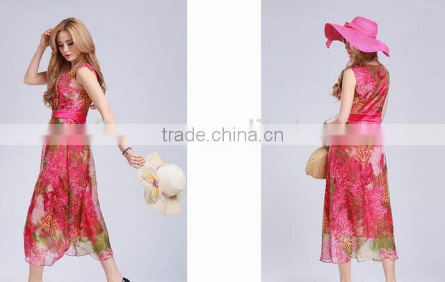 Beautiful Red Summer Floral Print Long Dress 100 Silk beach dress wholesale