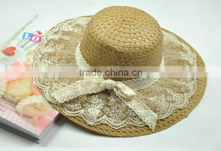Custom Wholesale handmade fashion floppy wide brim straw hats with lace