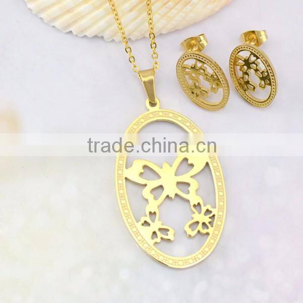 Western Circular Butterfly Stainless Steel Necklace And Earring Ring Wedding Jewelry Sets