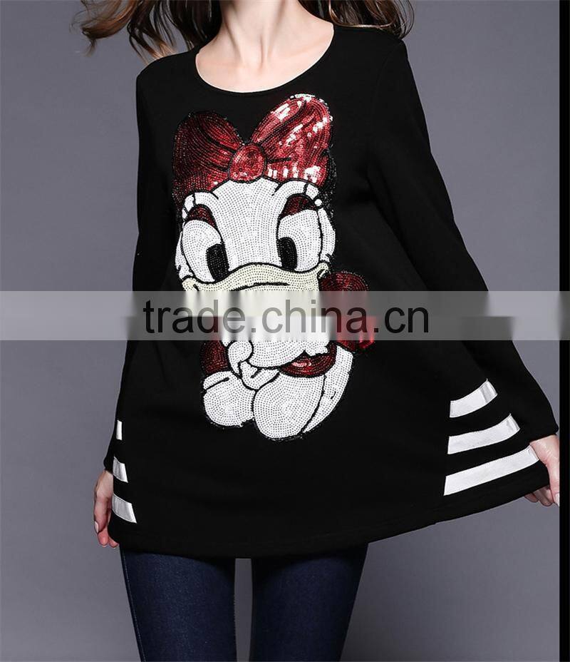 2016 Spring New Latest Fashion Design Plus Size Loose Style Long Sleeve Black Women Long Tops