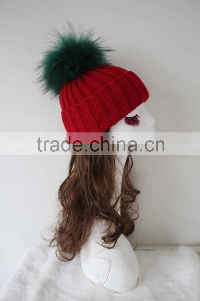 Top Grass Green Raccoon Fur Pompom Beanie Knit Rib Red Hat Huge Fur Ball Knitted Wool Acrylic Cap