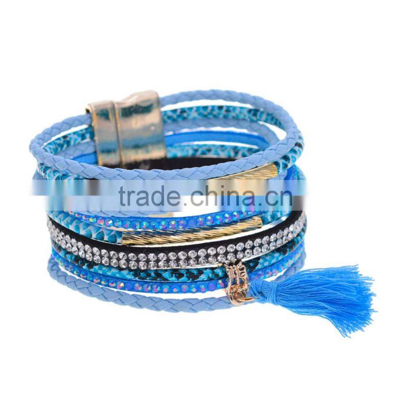 New Tassel Crystal Leather Bangle Fashion Rhinestone Wrap Leather Bracelet Multilayer bangles