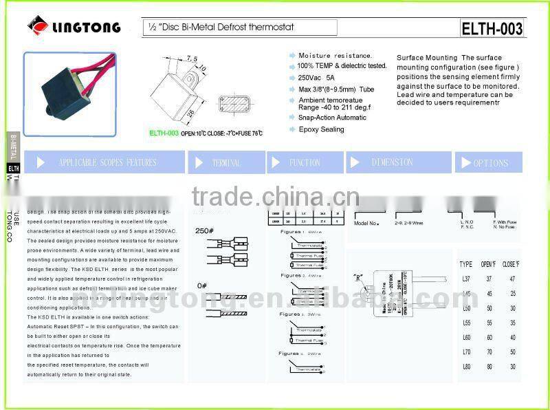 238C2208P002 defrost thermostats for refrigerator evaporator KSD ELTH-009