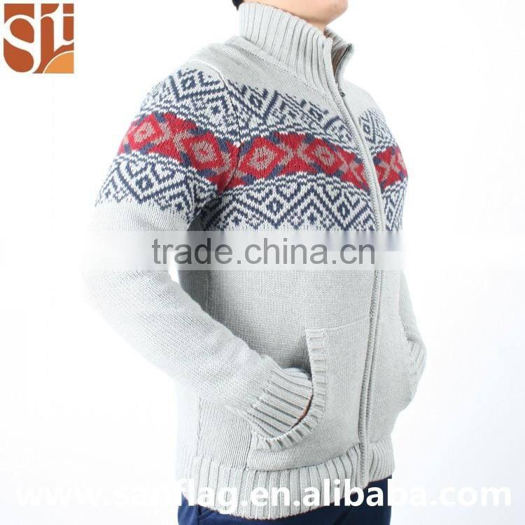 2016 China import direct man high collar long sleeve cardigan jacket coat christmas jacquard knit sweater with kangaroo pocket
