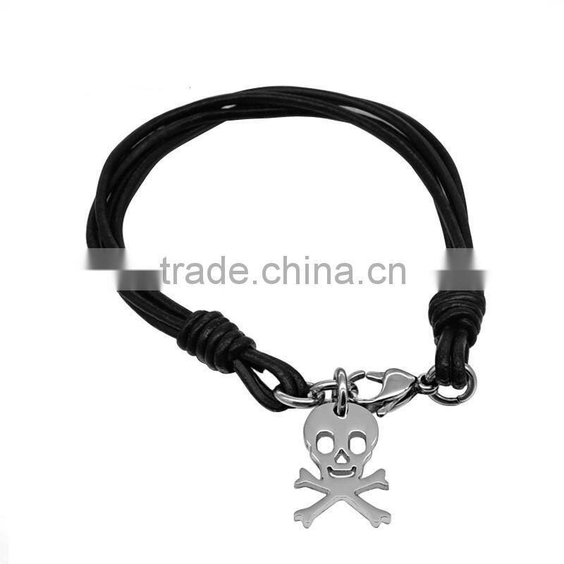 Fashion male femal real black leather bracelet wholesale skull bracelets, genuine thin leather bracelets maker (QS-0056)