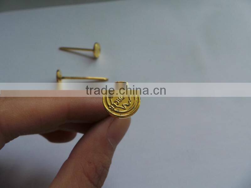 gold color metal nail pin,custom metal nail with logo embossed,metal lapel pin