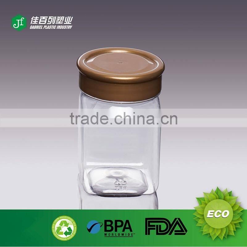 Gold cap transparent plastic bottle Screen Printing Surface Handling plastic jar food grade square honey bottle