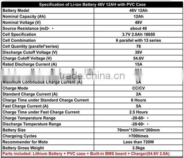 PVC Case 13s 15amq BMS 2.0A Charger electric bike battery 48v 12ah 1000w 48v battery made in china