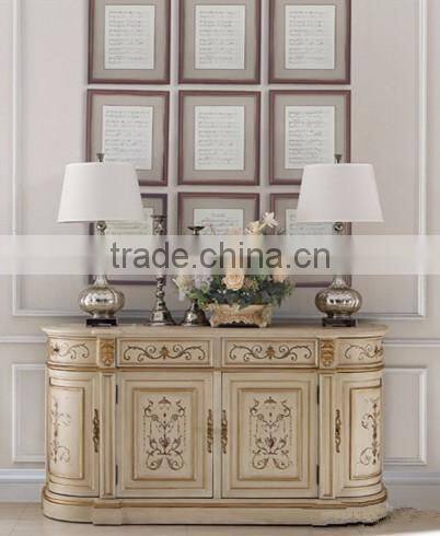 Hand Painted Classic Chest Of Drawers, Antique Living Room Cabinet With Veneer Top, Exquisite Wood Carved Curio Sideboard