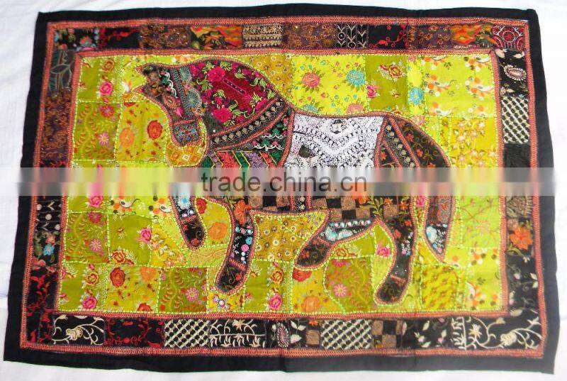 Indian Old Fabric Wall Decor With Horse Figure - Handworked Cotton Fabric Patchwork Wall Hanging Tapestry
