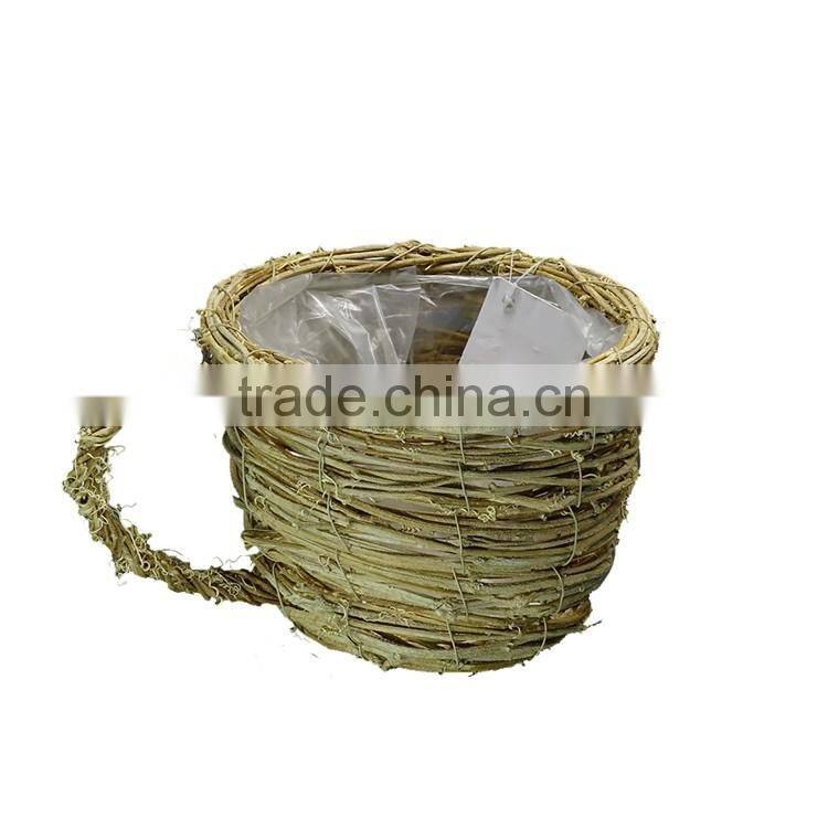 Cup Shape Natural Rattan Garden Flower Pot with Handle for Planting