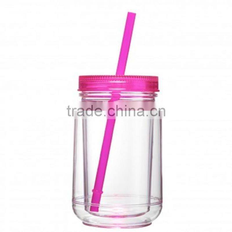 16OZ Mason Jar Cup Blank Clear Double Wall Insulated Tumbler Travel Mug Straw