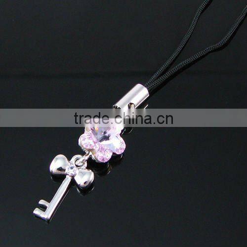 fashion key mobile charm, high quality crystal mobile accessories