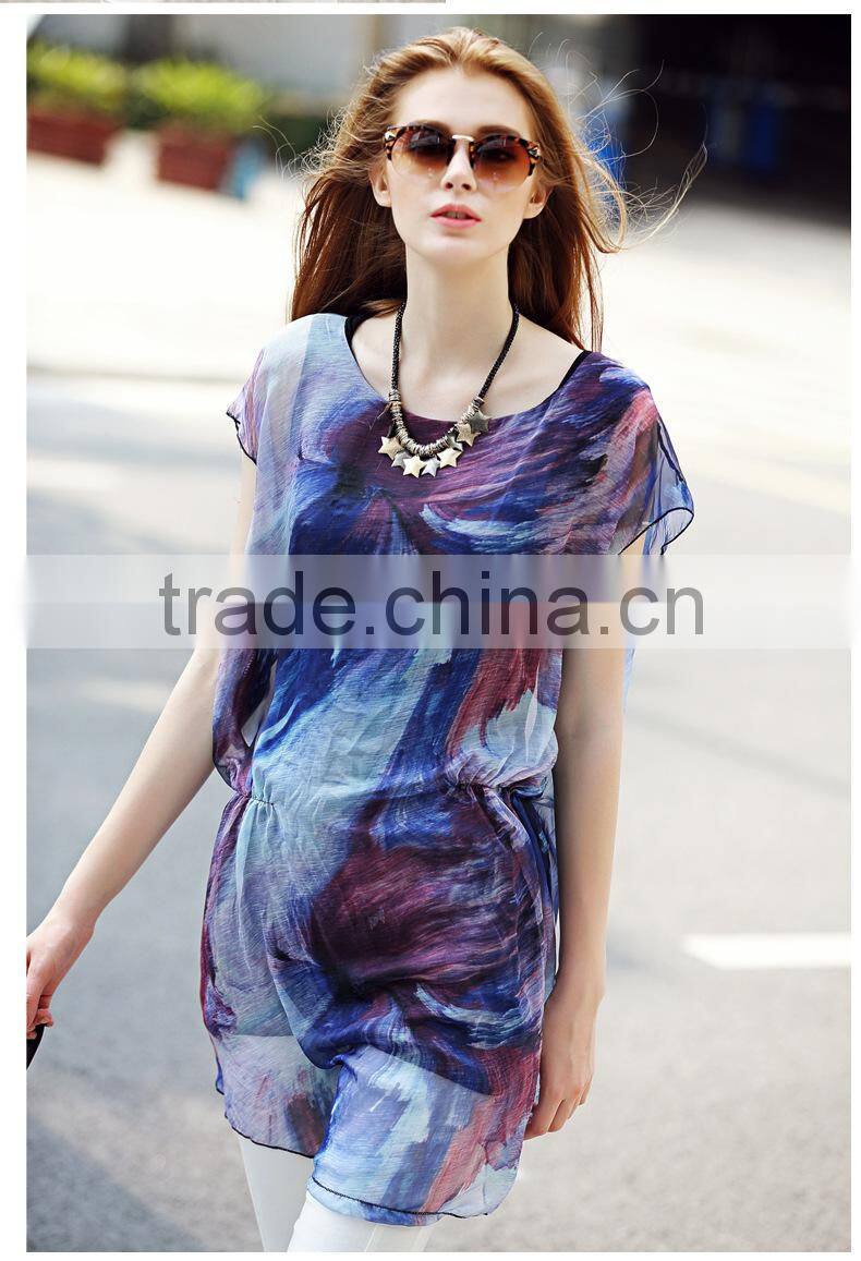 2016 Hotsale Ruffles women Short-sleeve Loose Slim Chiffon long blouse shirts tops with DIY Printing