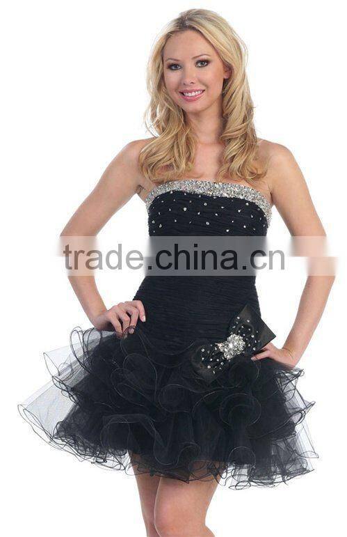 A-line Strapless Knee-length Organza Sheath Prom Dress