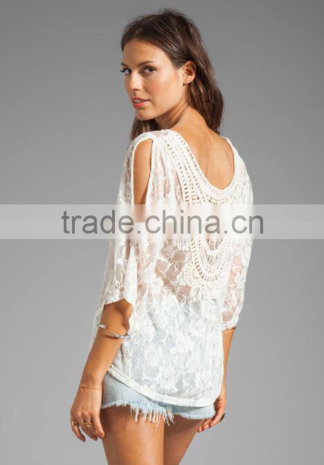 95% nylon 5% spandex sheer fabric lace top
