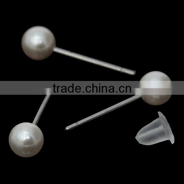 Acrylic Pearl Imitation Earring Findings Ear Studs Findings Round Beige With Stoppers 4.0mm, 100Pairs