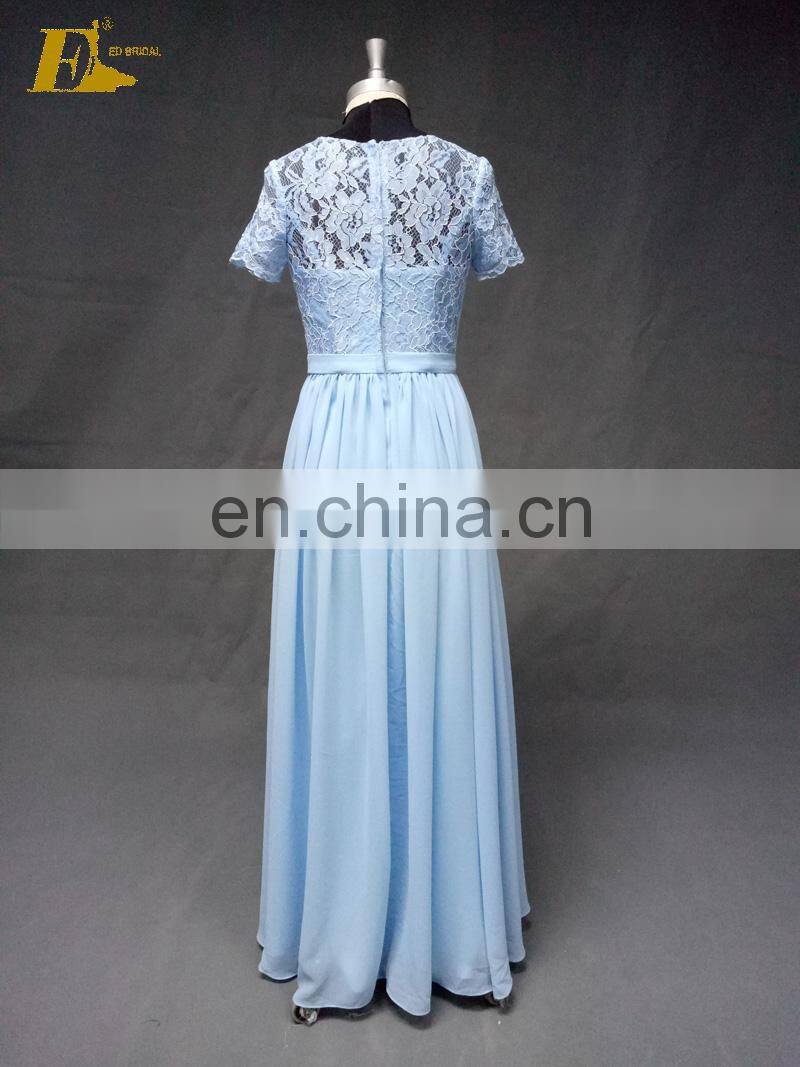 High Quality Lace Chiffon Long Bridesmaid Dress With Short Sleeve