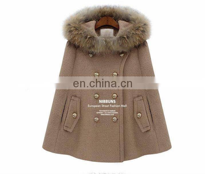Fashion fur collar poncho with a hood overcoat outerwear red meters camel