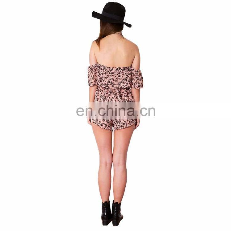 Wholesale Custom Loose Fit Floral Print Ladies Jumpsuit Off Shouler Romper Playsuit For Women