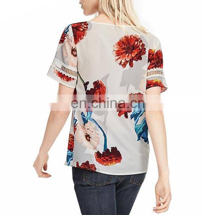 Latest shirt designs female polyester custom print rounded hem t shirt