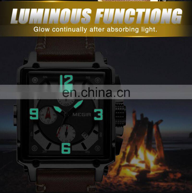 Megir 2061 Men Quartz Watches Luxury Chronograph Clock Men Leather Sport Army Military Wristwatch Quartz