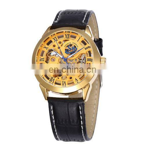 SHENHUA 9261 Leather Band Automatic Clock Mens Luxury Mechanical Skeleton Watch Montre Homme