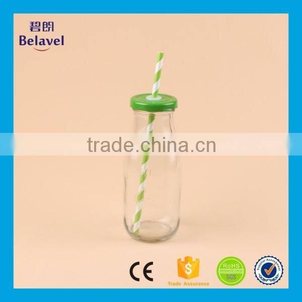 High quality glass juice bottle glass milk bottles with metal lids straw