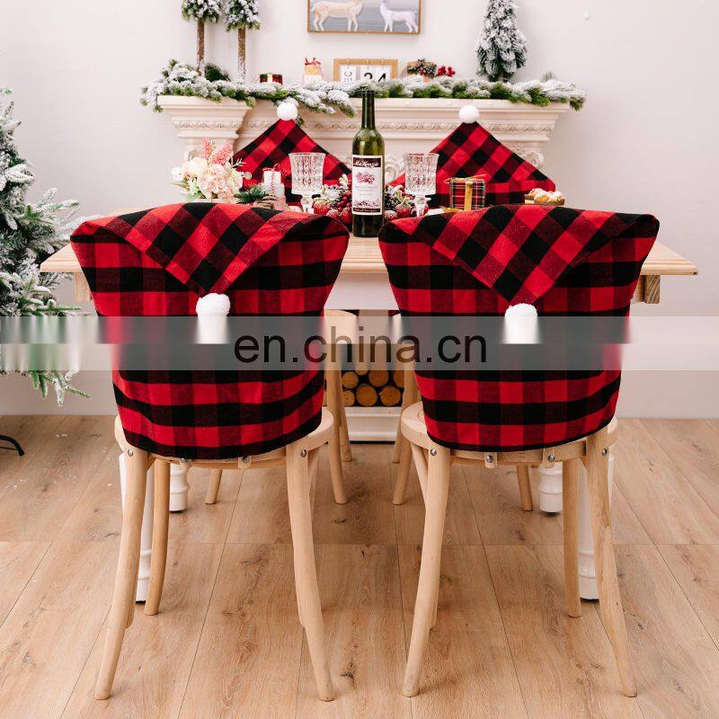 Red Black Plaid Christmas Chair Cover 2022 Santa Xmas Party Decoration for Home Hotel Table Ornament