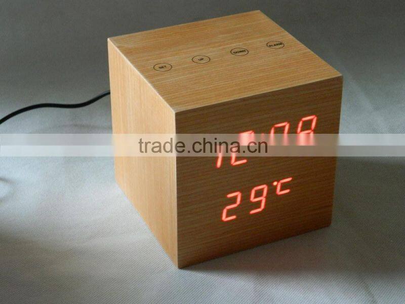 WL0923S Nature Wood Square Shape Touch Switch Digital Alarm Clock