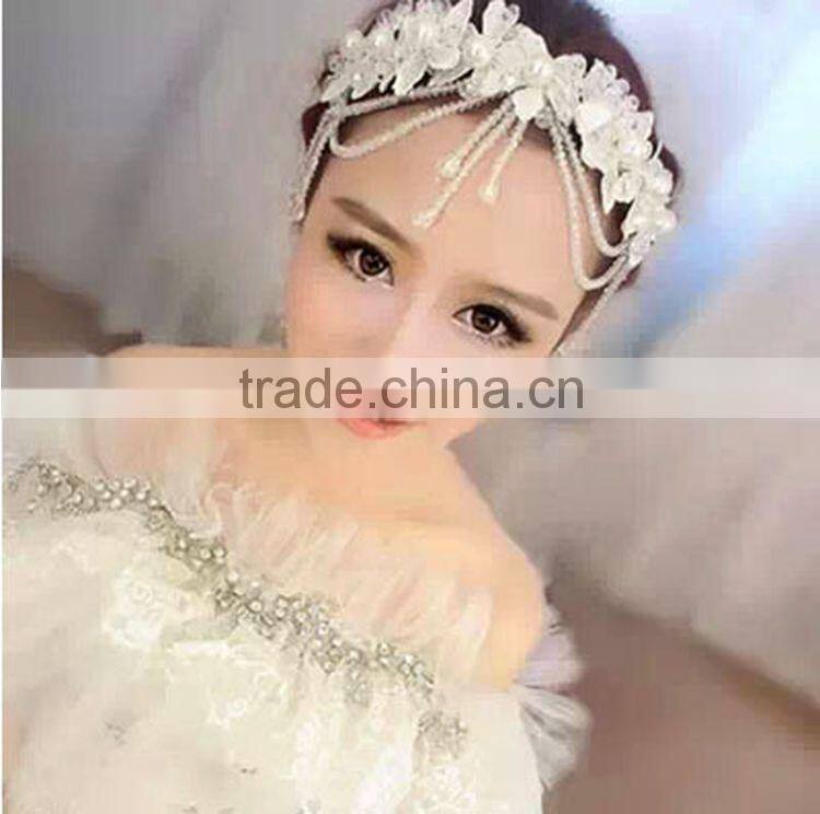 Women Wedding Party Hair Accessory Gold Headband Side Wave Metal Chain Headpiece Fashion Faux Pearl Beads Hair Jewelry Festival