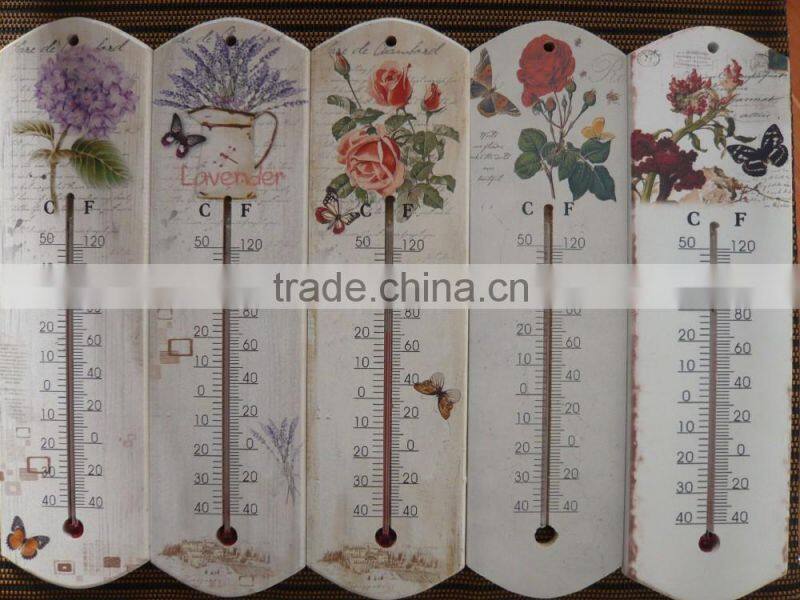 household wooden indoor thermometer w/ printed flower red kerosene filled and cheap price accurate temperature design option
