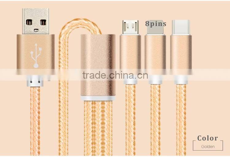 multi-function usb multi charger charging plug USB data line cable 8pins micro type c 3 in 1 for iPhone and Android