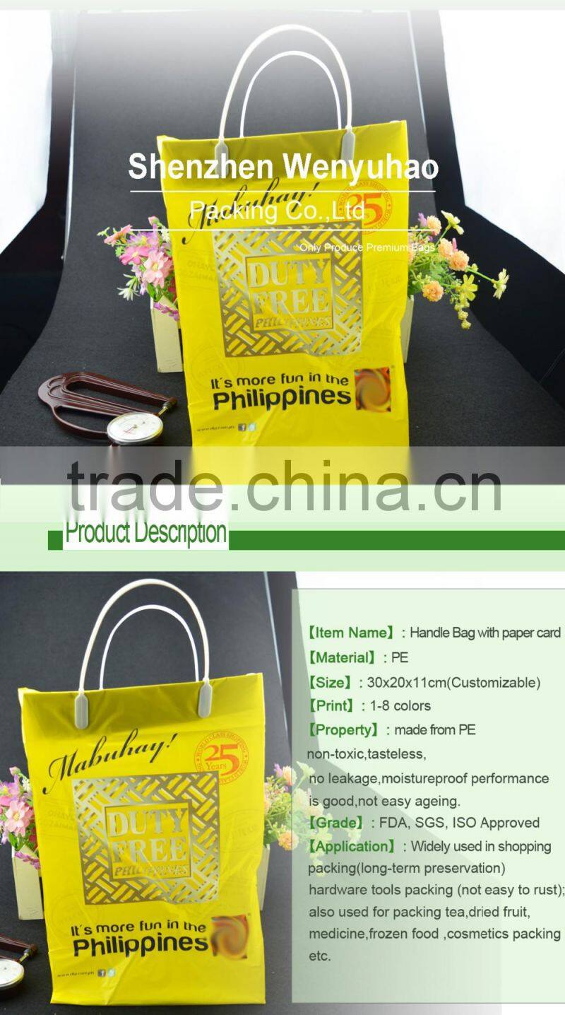 shopping plastic handle bag , yellow printing square bottom side gusset plastic bag with paper card