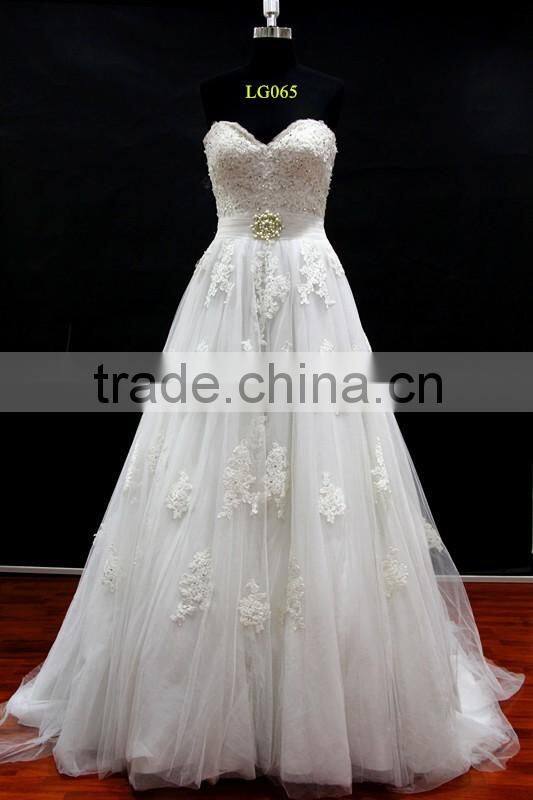 New beading lace appliques tulle drapping belt with beading trim sweetheart wedding dress