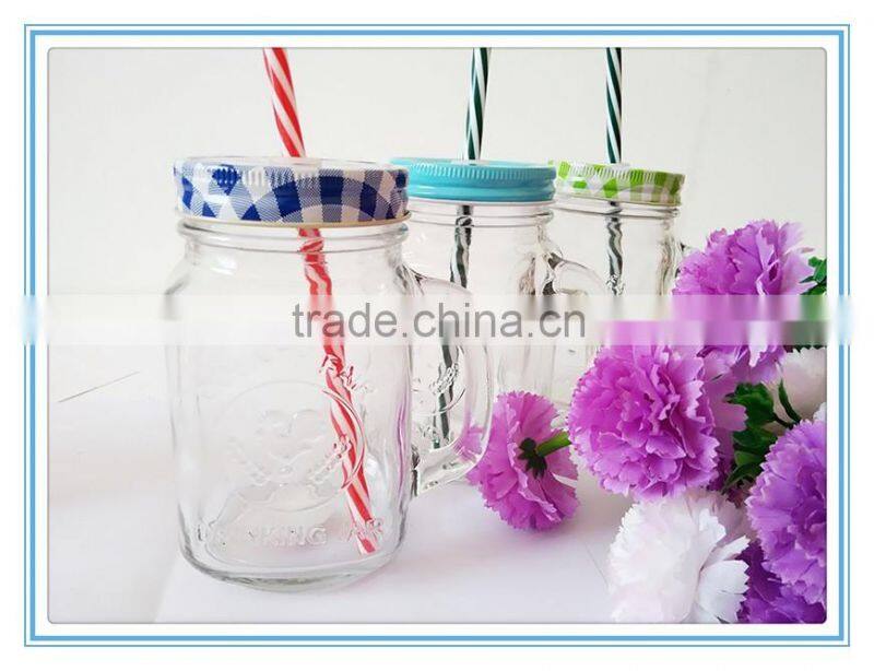2016 Hot sale 400ml glass mason jar with metal lid and straw